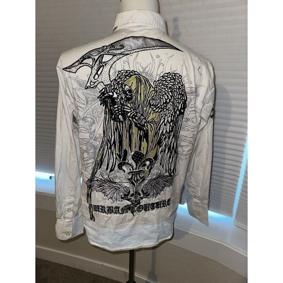 Victorious Los Angeles Men’s Med Button Front White Cross Sequins Grim Reaper - Picture 1 of 6